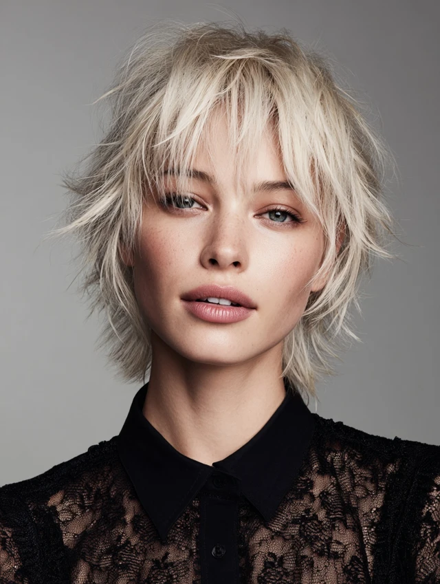 Textured blonde shag haircut with wispy bangs
