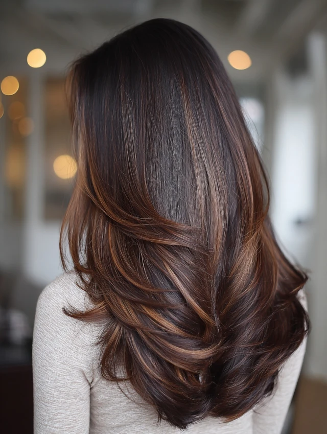 Chestnut balayage on long layered hair