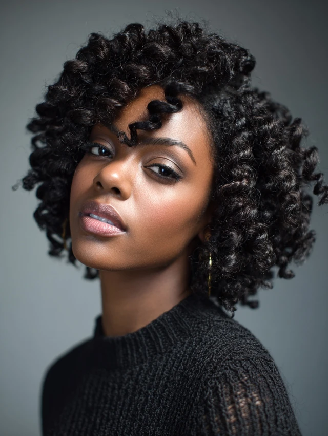Curly crochet bob with volume swept to one side