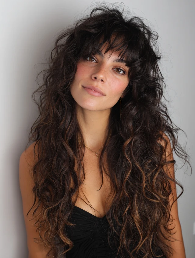 Long curly hair with curtain bangs and soft highlights