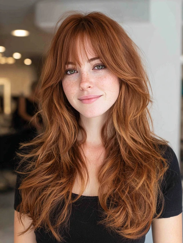 A woman with long copper-red layered hair and wispy curtain bangs