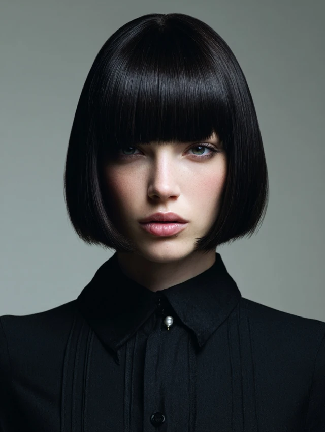 Chin-length bob haircut with blunt bangs