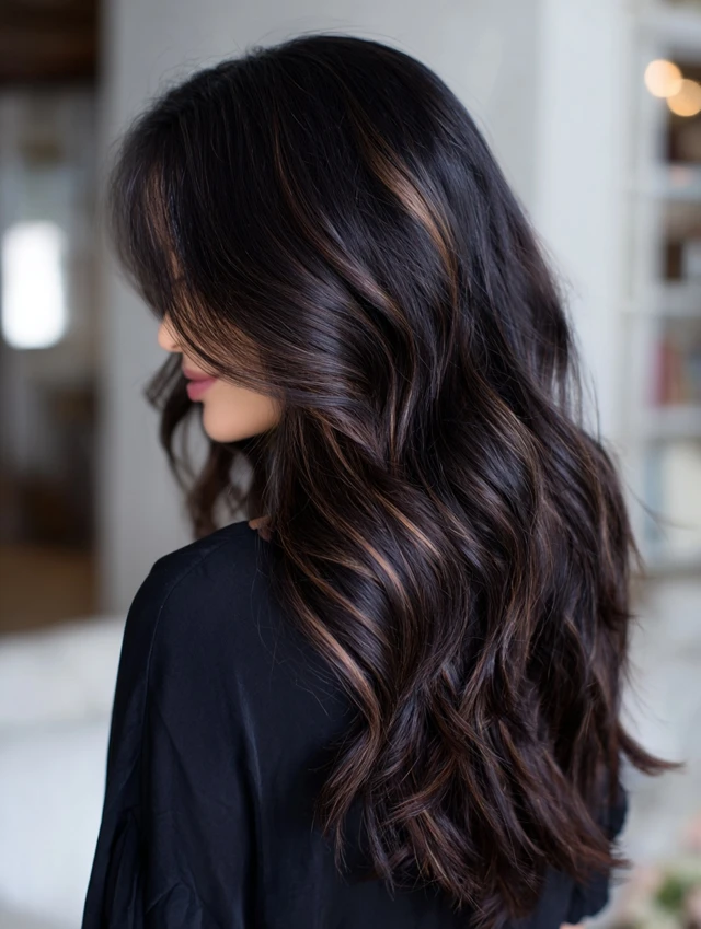 Glossy black wavy hair with espresso brown lowlights
