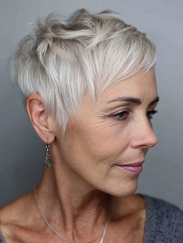 Silver white pixie haircut on an older woman