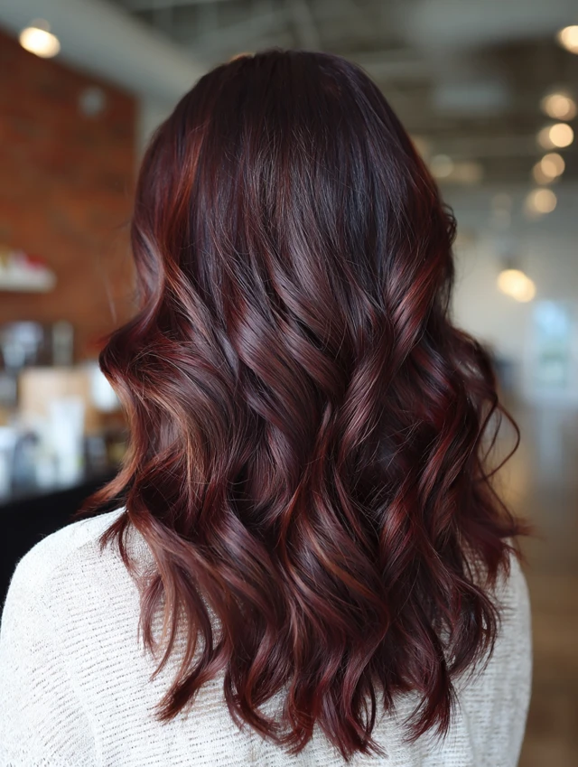 Mahogany red hair with copper balayage ribbons, wavy, back view