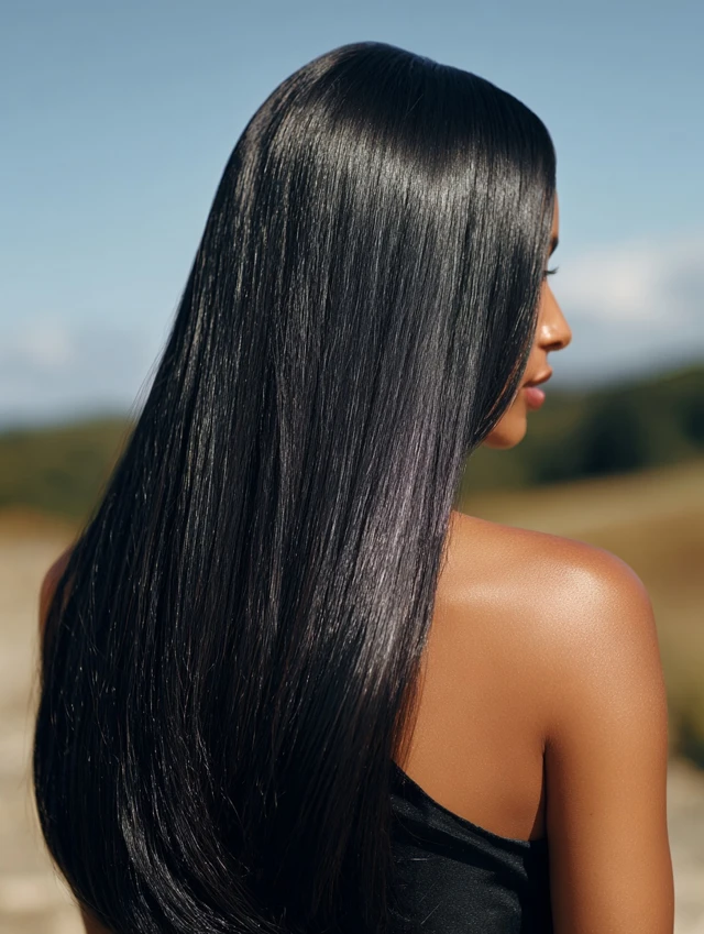 Jet black sleek straight hair with glass shine