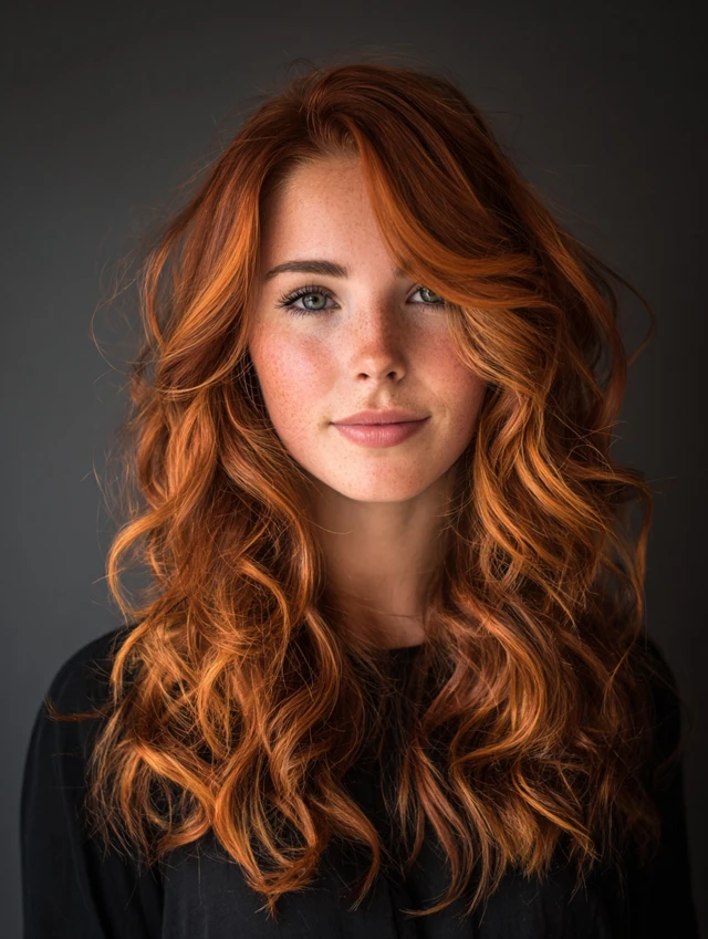 Long loose waves with an auburn root melting into copper tips
