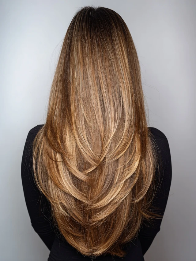 Long layered hair with soft grow-out balayage highlights