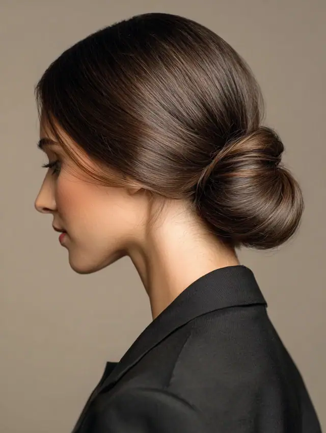 Brunette hair twisted into a sleek low bun at the nape, side profile view