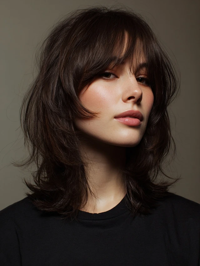 Brunette medium shag haircut with curtain bangs