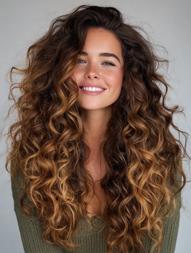 Long curly brown hair with caramel balayage highlights through the lengths
