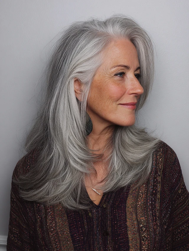 Older woman with a rounded gray bob with a glossy silver finish
