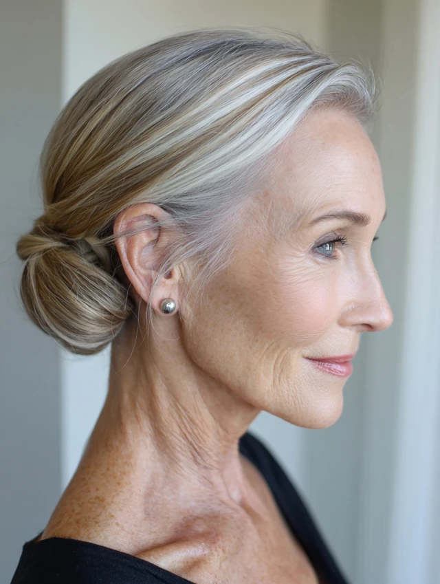 Low chignon updo with soft face-framing strands in gray hair