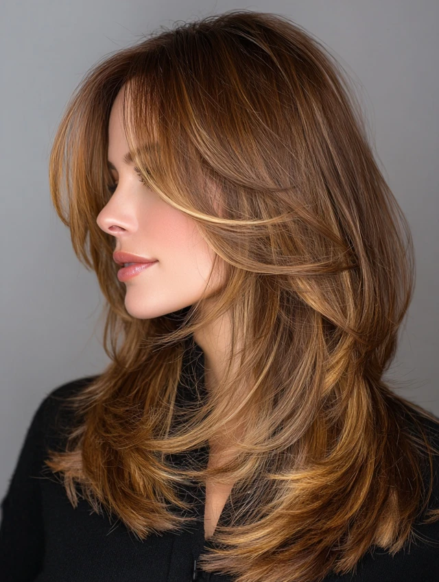 Feathered long layered warm brown hair with side-swept fringe