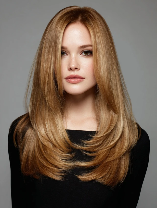 Golden blonde long layered hair with face-framing pieces and middle part