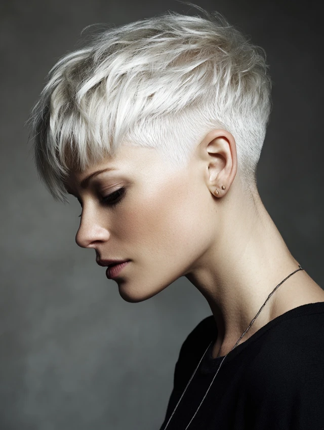 Cropped platinum-white pixie with faded sides