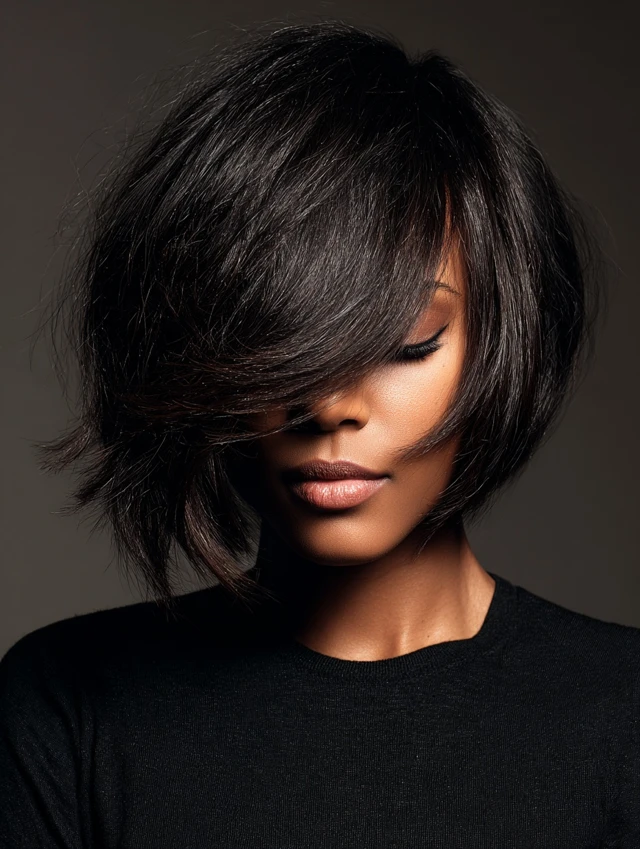 Smoky chocolate bob with bangs on a Black woman