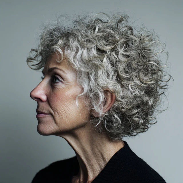 Older woman with a blunt chin-length bob in slate gray