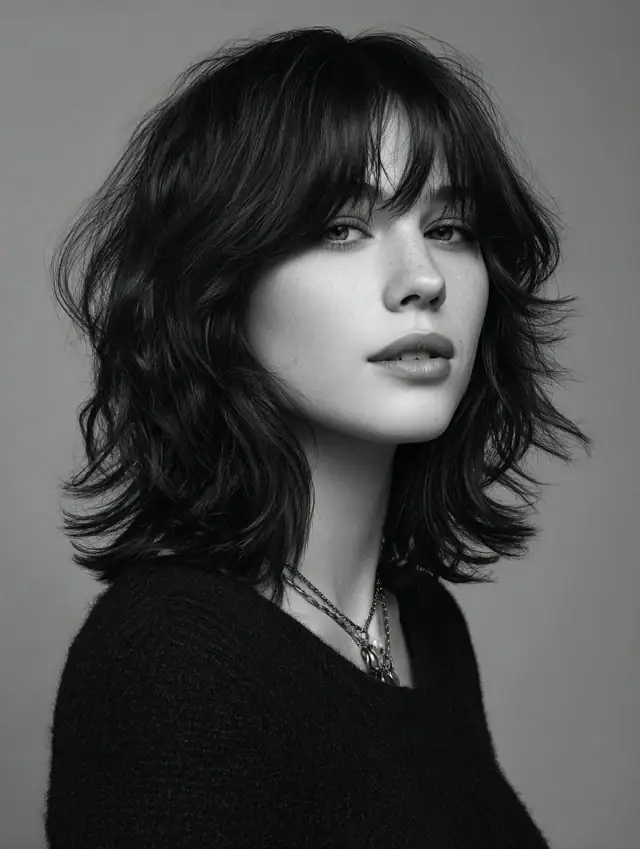 Shaggy shoulder-length lob with wispy bangs and piecey layers