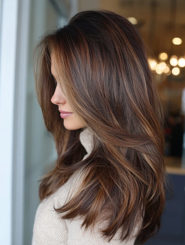 Chestnut brown hair with lighter copper caramel face-framing highlights