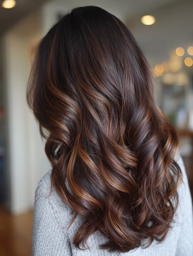 Dark brown hair with golden amber highlights