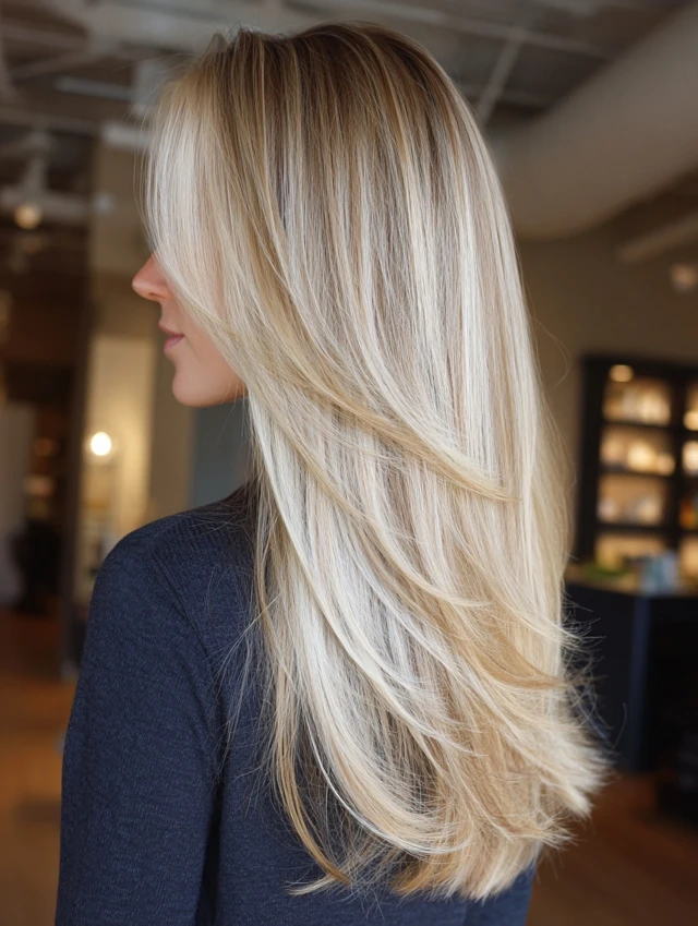 Woman with ash blonde long layered hair and soft balayage highlights