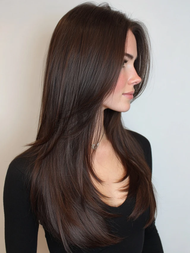 A woman with long dark brunette layered hair and curtain pieces framing the face
