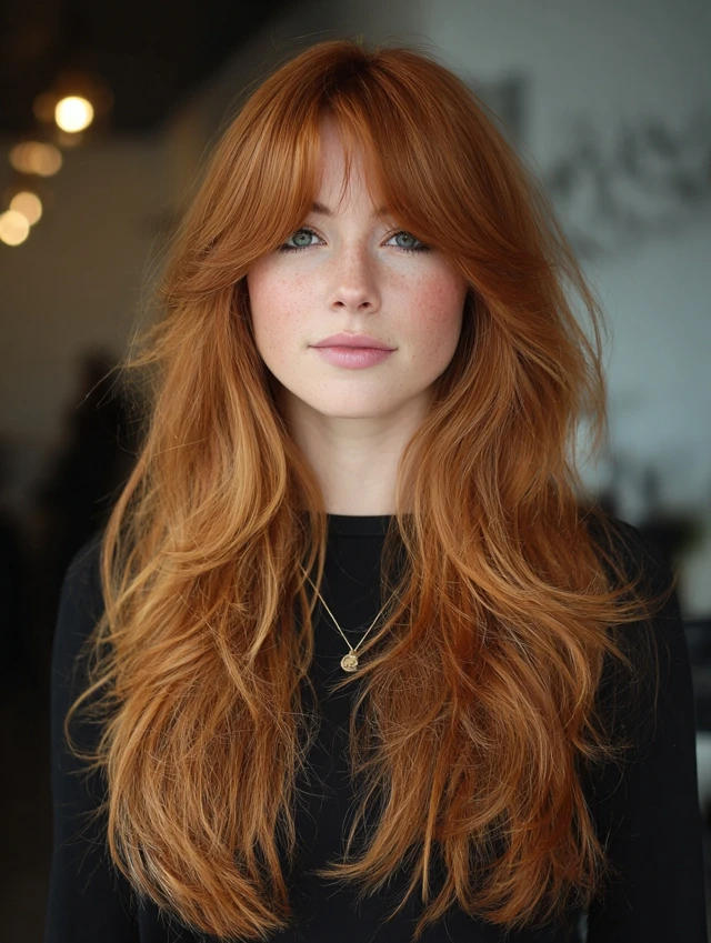 Woman with copper red long layered hair and full curtain bangs