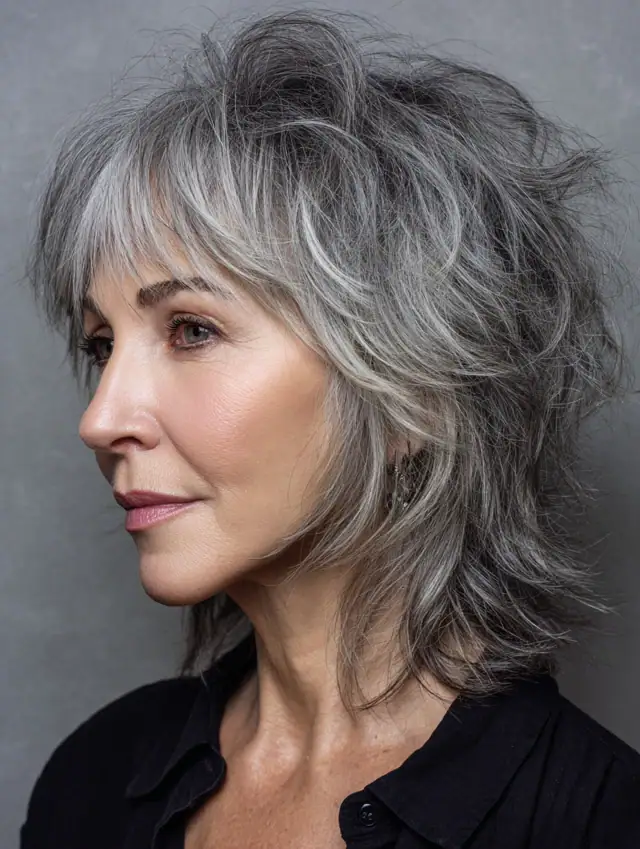 Cool gray shag haircut with full bangs