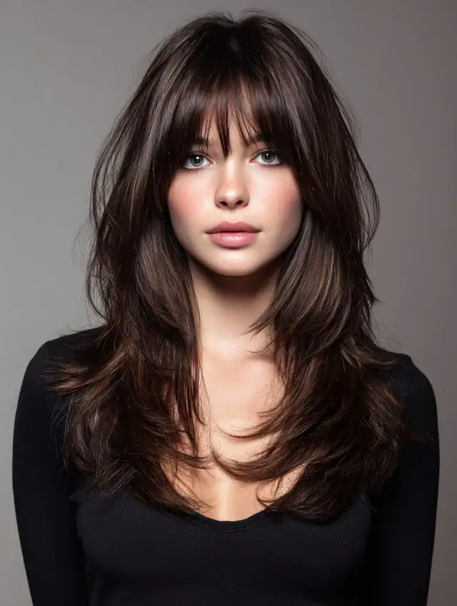 Long espresso brown layered hair with wispy bangs