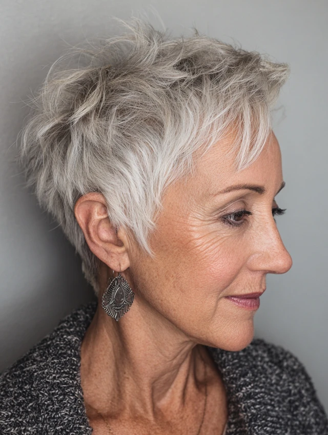 Short layered grey pixie cut on an older woman