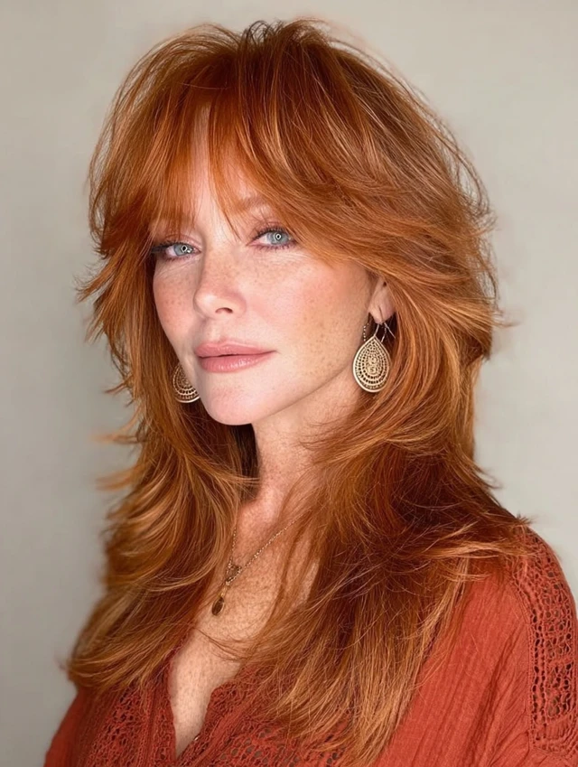 Copper red shag haircut with full fringe and layered texture
