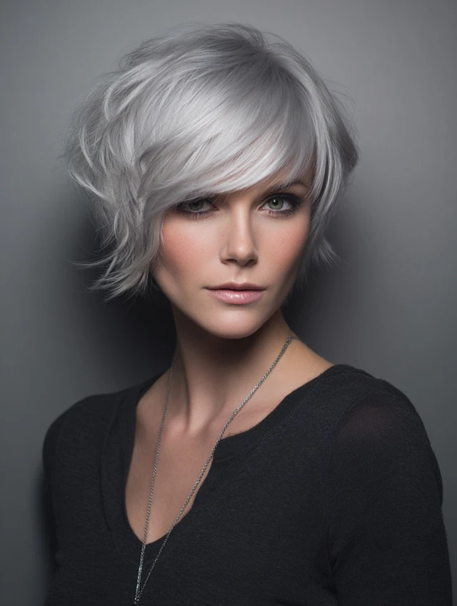Silver pixie cut with side swept bangs