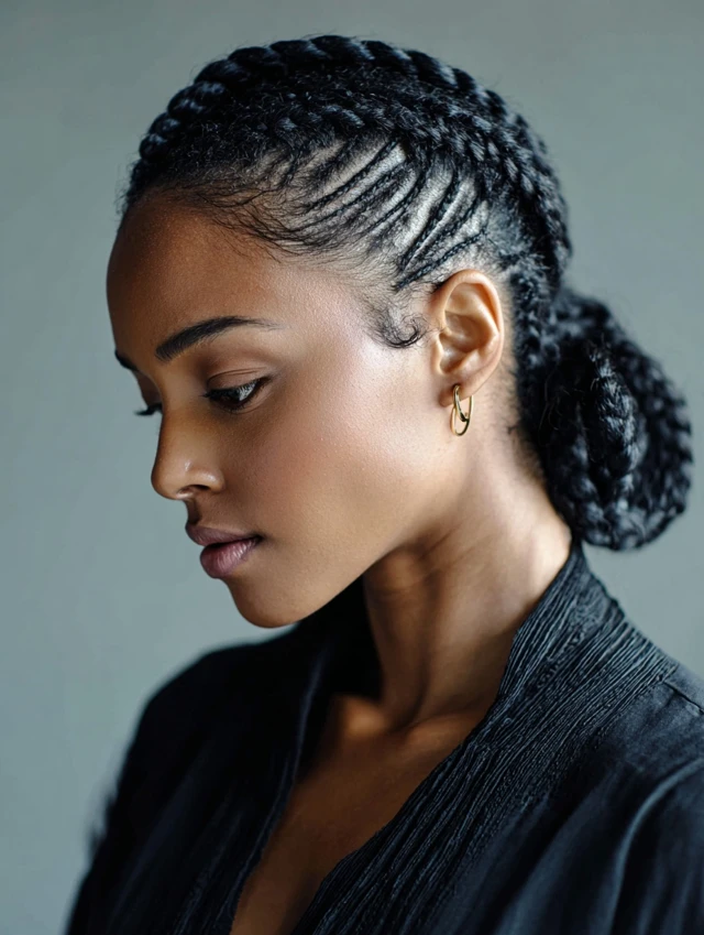 Sleek cornrow low bun with a center part