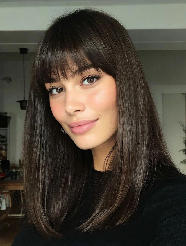 Layered lob with blunt fringe and caramel balayage highlights