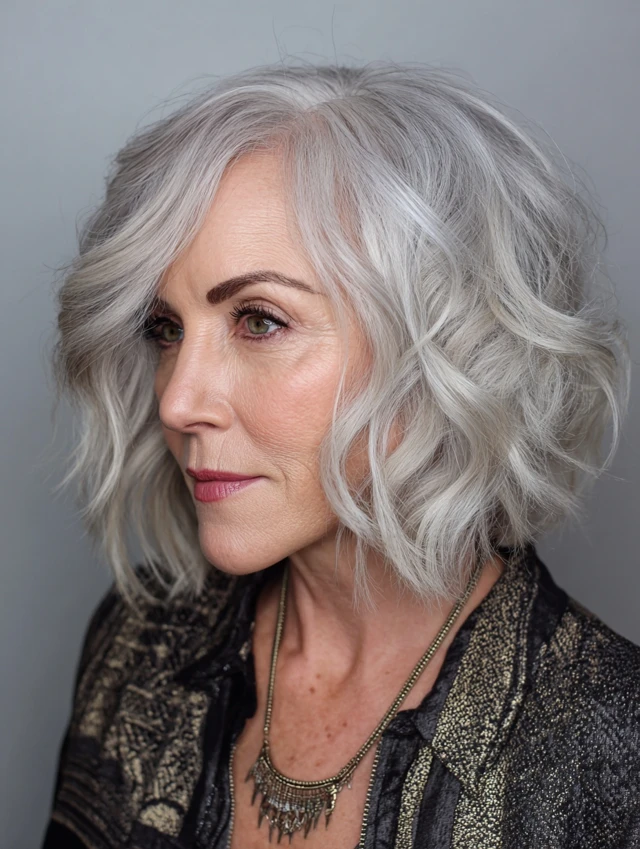 Gray wavy lob haircut with natural movement on a woman over 50