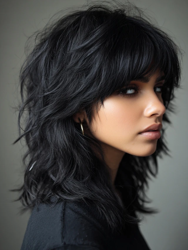 Black wolf cut shag with choppy layers