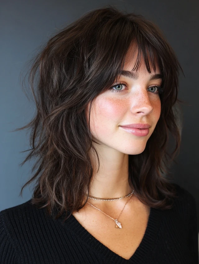 Collarbone lob with curtain bangs in a bouncy blowout