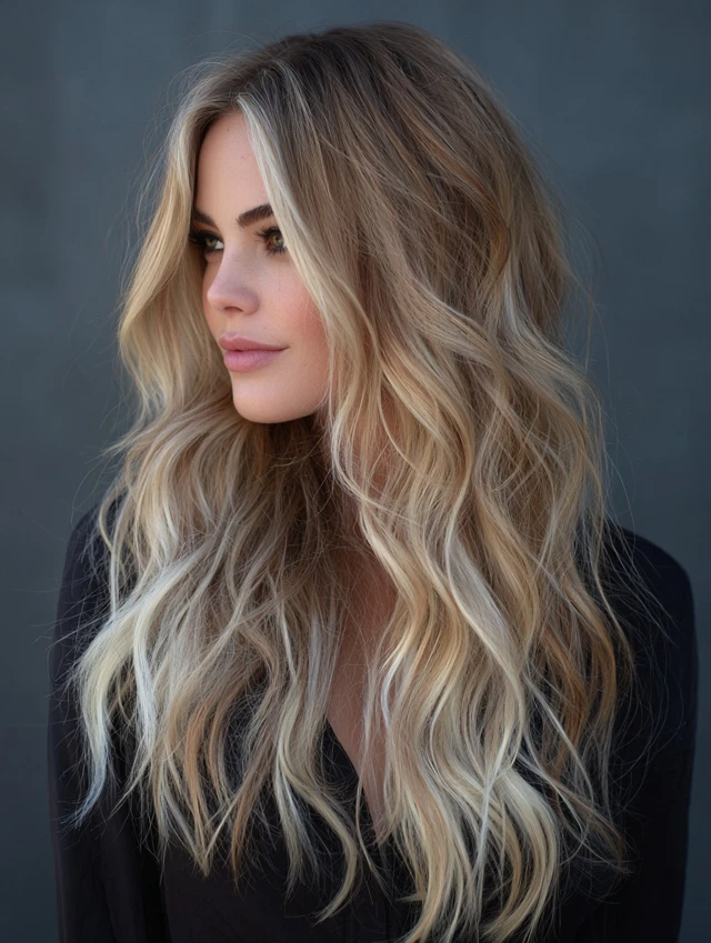 A woman with long wavy hair and grown-out blonde balayage