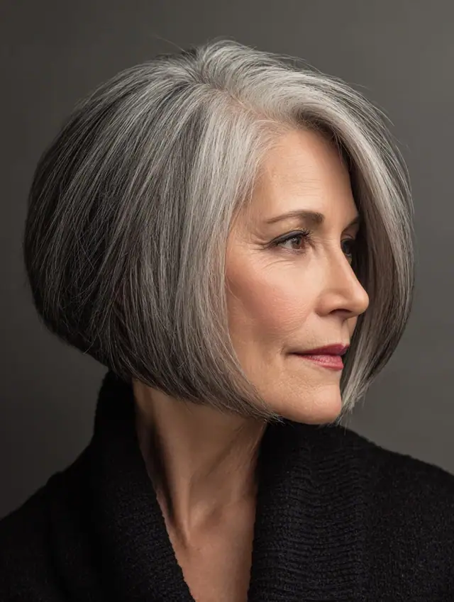 Sleek silver bob haircut with a center part
