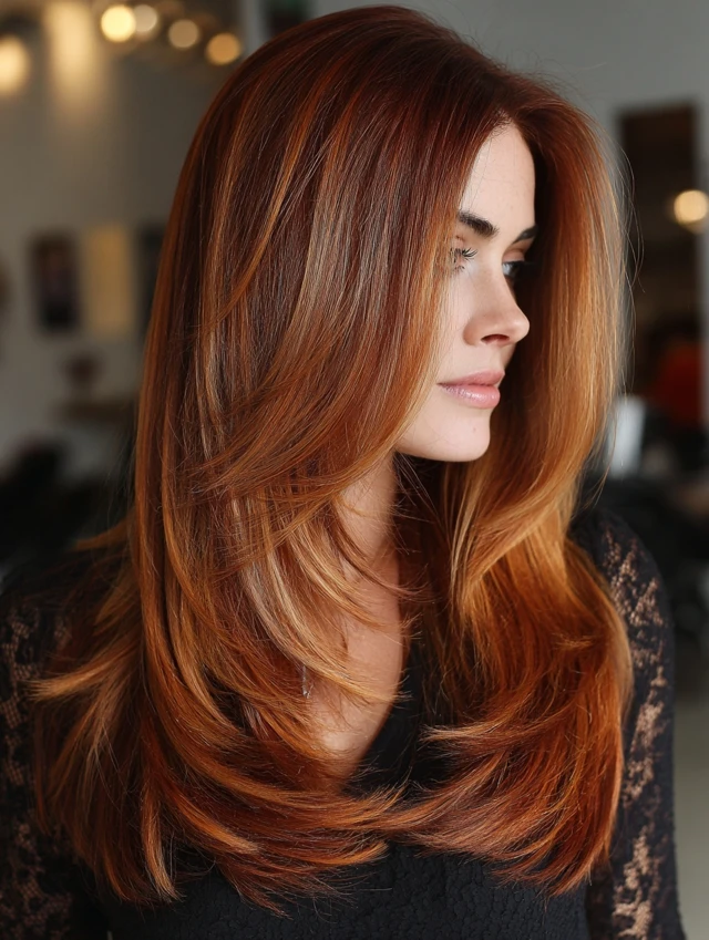 Long shag haircut with copper red balayage color