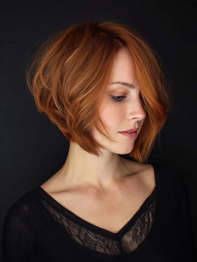 A woman with a wavy copper bob with tapered ends