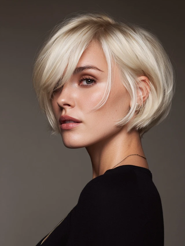 Platinum blonde pixie bob with a sweeping side fringe