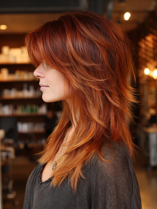 Cinnamon copper shoulder shag with curtain bangs