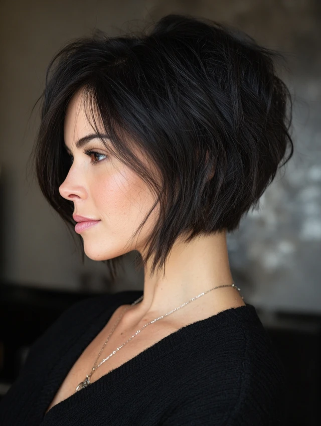 Textured angled black bob with longer front pieces