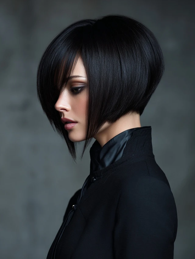 Glossy jet black blunt bob with a sharp chin-length edge