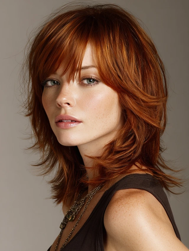 Dark auburn shag lob with textured bangs
