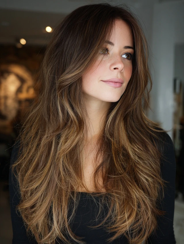 Long dark brown wavy hair with caramel face-framing highlights