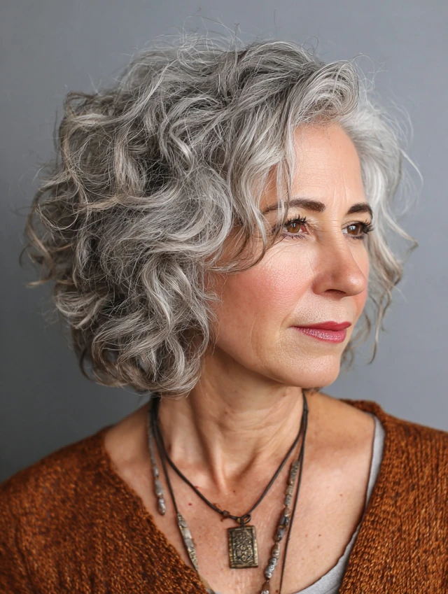 Natural gray curly bob haircut