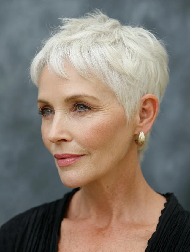 Older woman with a chic white pixie haircut
